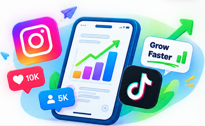 Phone showing a growing analytics chart beside Instagram and TikTok icons